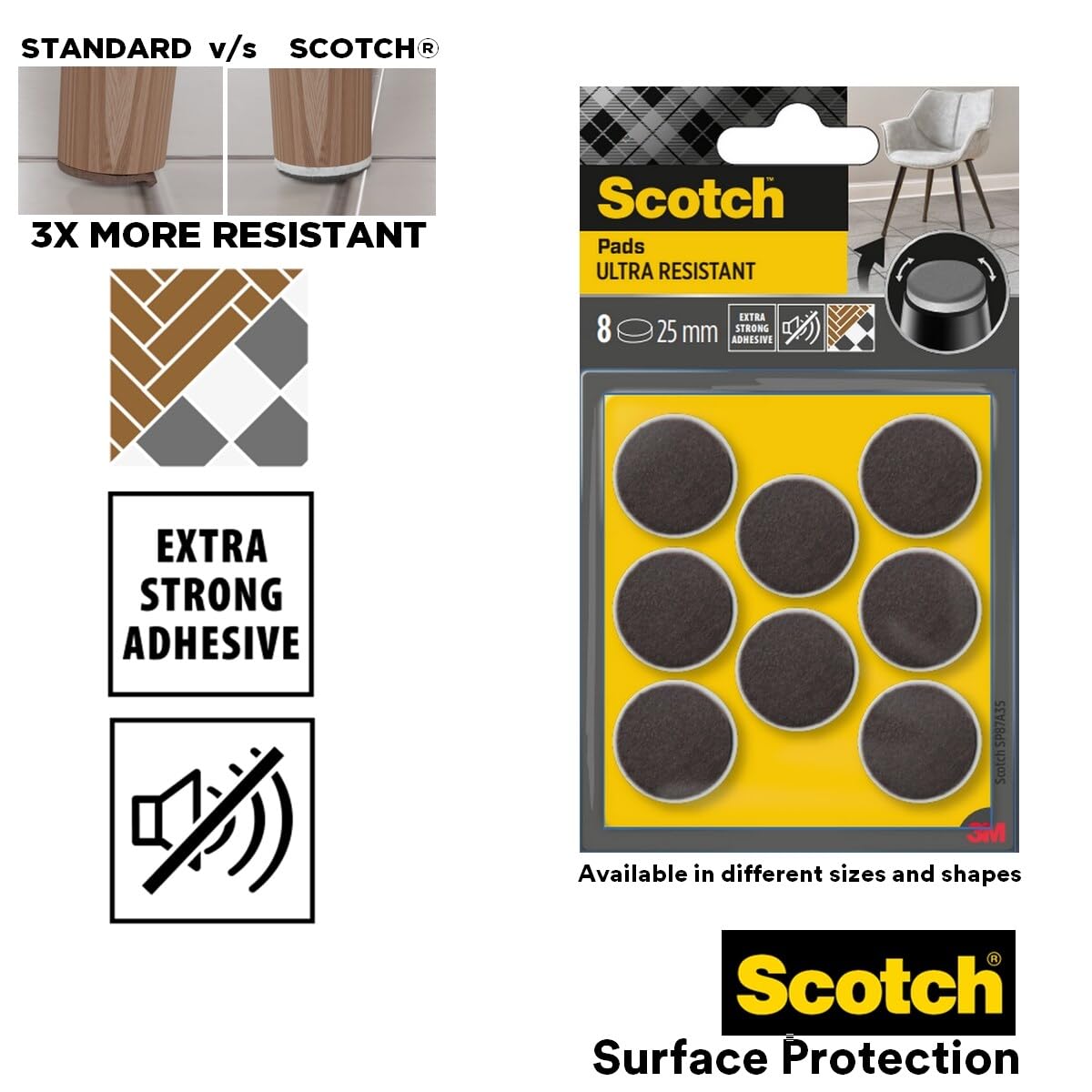 Scotch Ultra odporne podkładki filcowe SP87A35, samoprzylepne, szare/klejowe, białe, Ø 25 mm, 8 sztuk w opakowaniu
