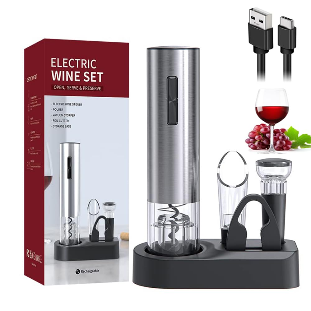 5-in-1 Electric Wine Opener,Automatic Electric Wine Bottle Opener Kit - Rechargeable Corkscrew with Foil Cutter, Aerator, Vacuum Stoppers & LED Light,Gift Set Gift for Wine Lovers.(Stainless Steel)