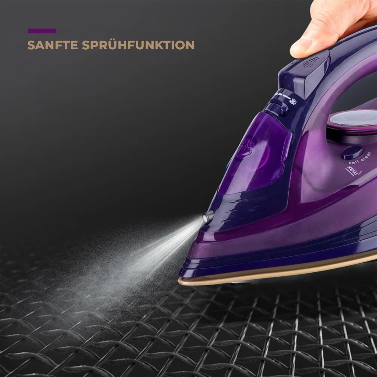 Ferro da stiro a vapore senza fili con piastra ceramica, 2400 W, viola, levigatura efficace, delicato sui tessuti, funzione antigoccia, rinfrescante