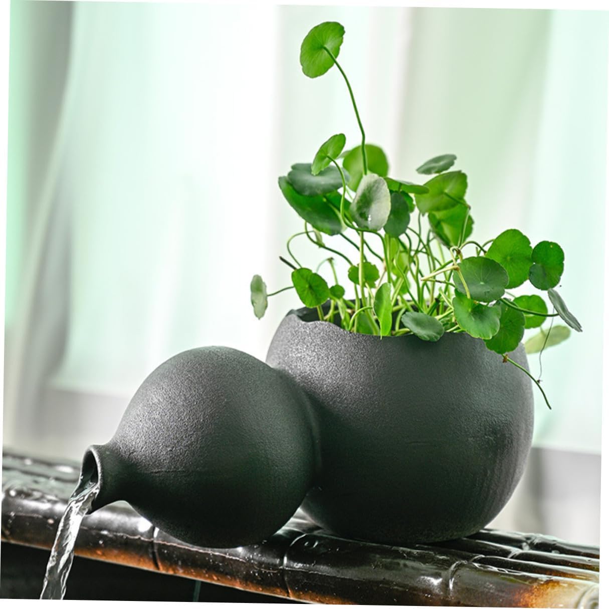 ORFOFE Ceramic Gourd Waterfall Fountain Jar Indoor Tabletop Decorative Landscape Jar Compact Dark No Pump Chinese Style Fish Tank Accessory for Home Garden