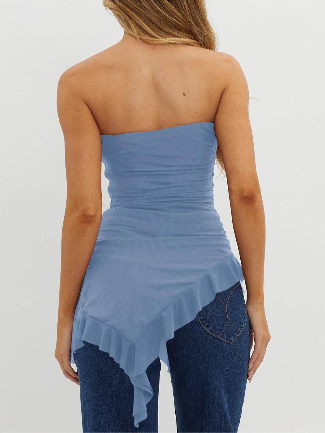 Womens Strapless Tube Tops Summer Asymmetrical Long Ruched Mesh Shirts Cute Y2k Ruffle Hem Going Out Bandeau Top - Image 5