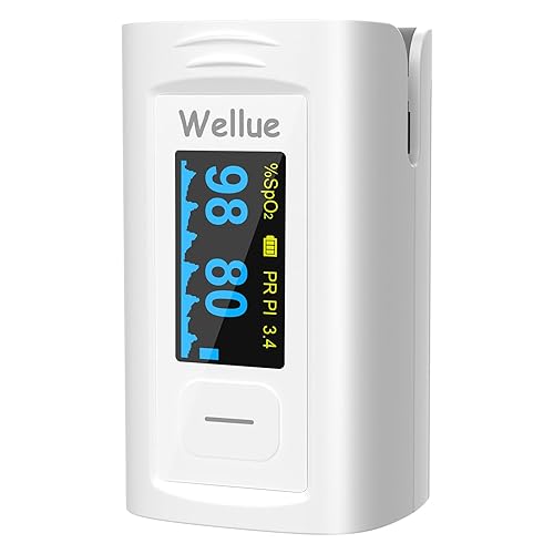 Miniatura 10 de Wellue - Pulsioxímetro de dedo 60F monitor de saturación de oxígeno en la sangre con alarma pilas bolsa de transporte y cordón para el uso de