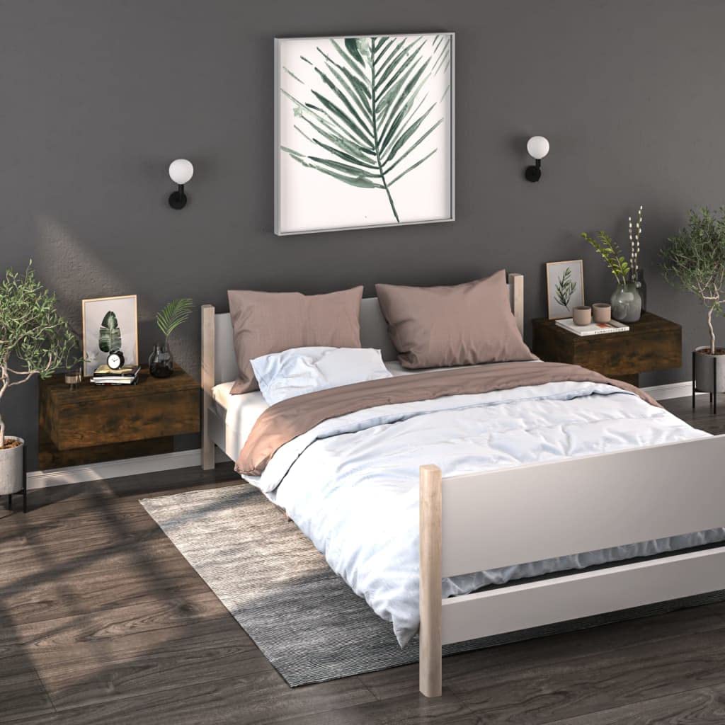 Set di 2 comodini sospesi, montaggio a parete, in legno di rovere affumicato, comodino da parete salvaspazio per libri e ornamenti, facile da pulire e stabile