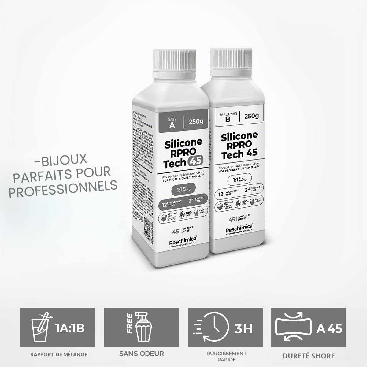 Reschimica Silicone pour Moulage Traslucide 1:1 R Pro Tech 45 (2 kg) | Facile à Utiliser, Très Résistant et Non Toxique, Idéal pour Résines, Cire, Plâtre et Autres Matériaux