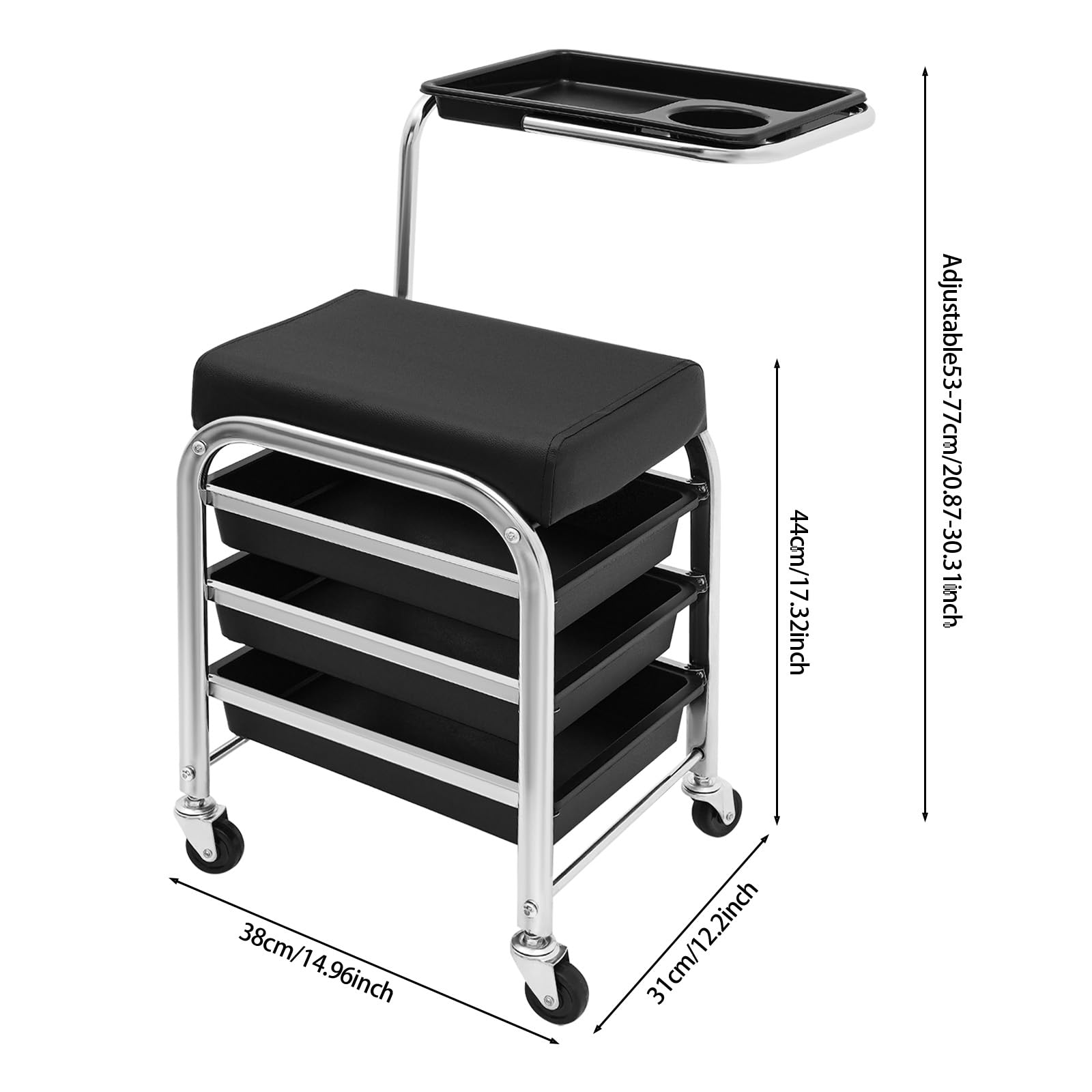 Carrito de peluquería, carrito de salón de 3 niveles con 4 ruedas, altura ajustable 53-77 cm, carrito de manicura para el cuidado de la belleza (negro) - 2