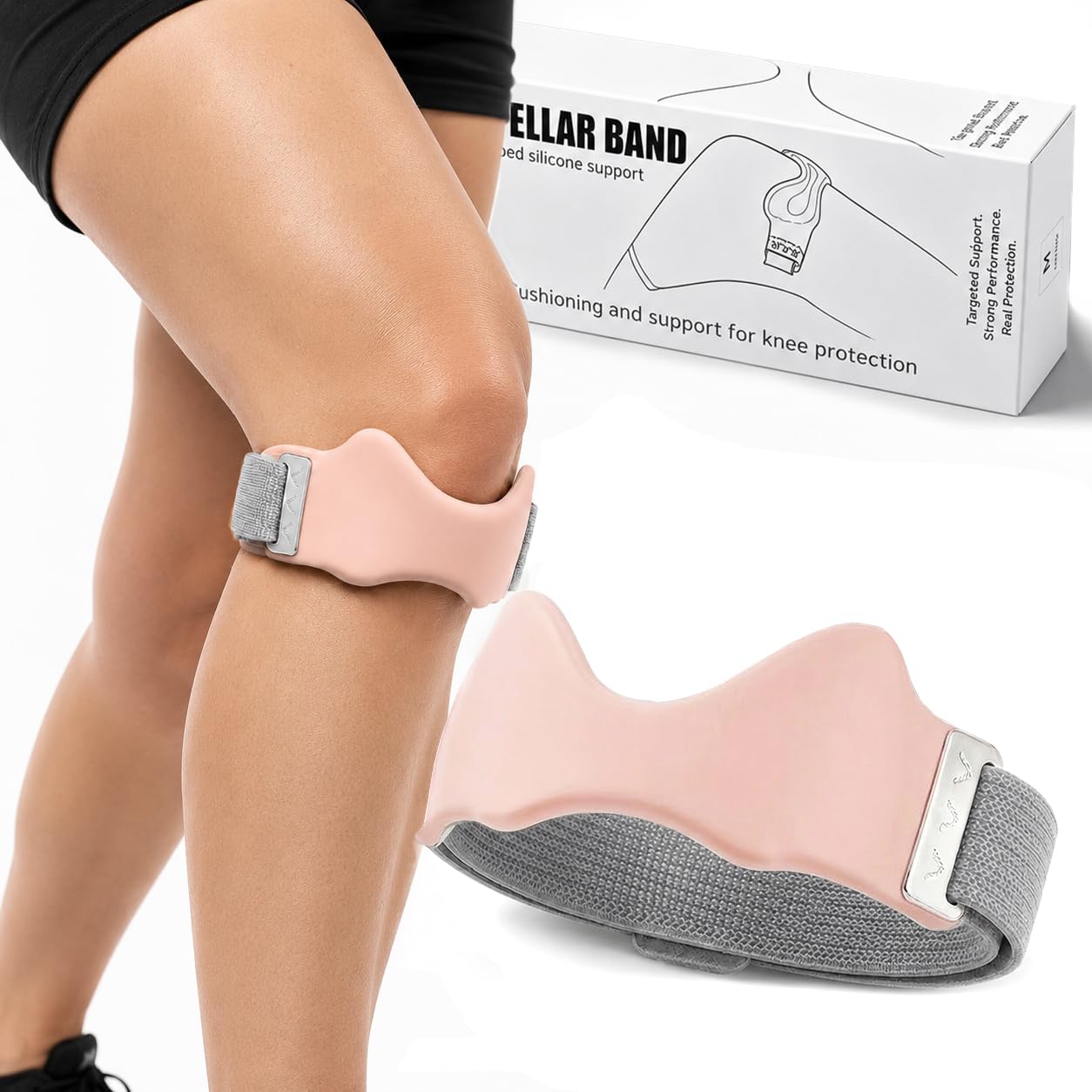 Kouipoie Knee Strap with Silicone Grip Pad, Adjustable Knee Strap for Running, Gym, Hiking and Sports, Breathable Support Strap for Men and Women (1PCS-Pink)