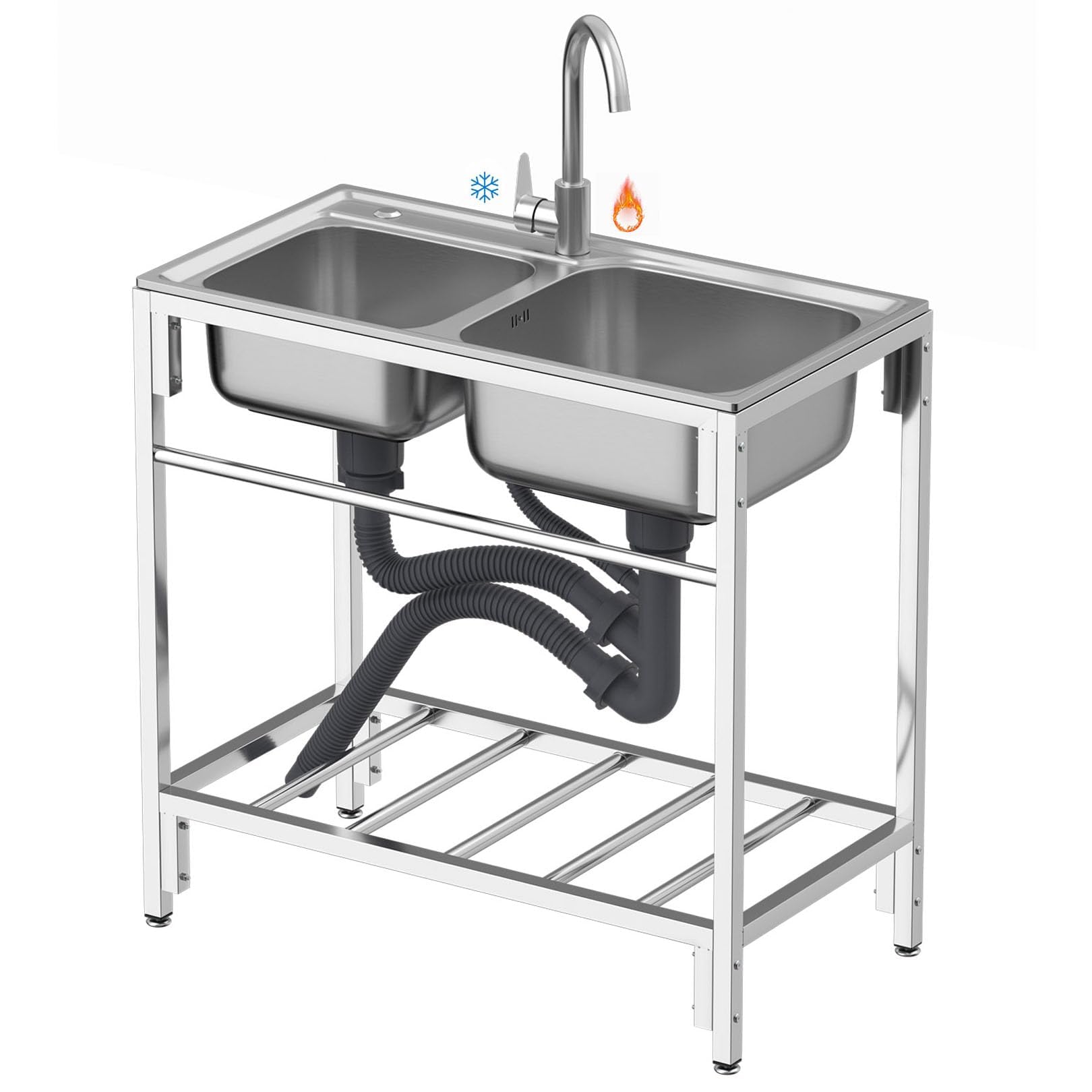 WIQUYBML Commercial Restaurant Sink, Stainless Steel Double Bowl Kitchen Sink with Hot Cold Tap, Catering for Hotel