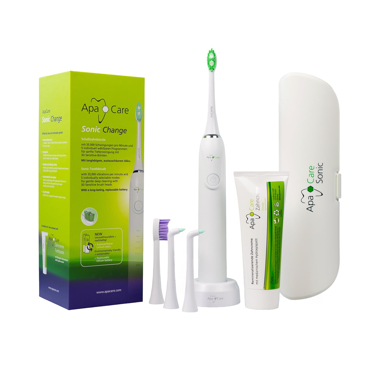 ApaCare Sonic Change Zahnpflege-Set - Schallzahnbürste mit wechselbarem Akku, Reiseetui, Zahncreme & Interdentalbürsten - professionelle Mundpflege für zu Hause & unterwegs