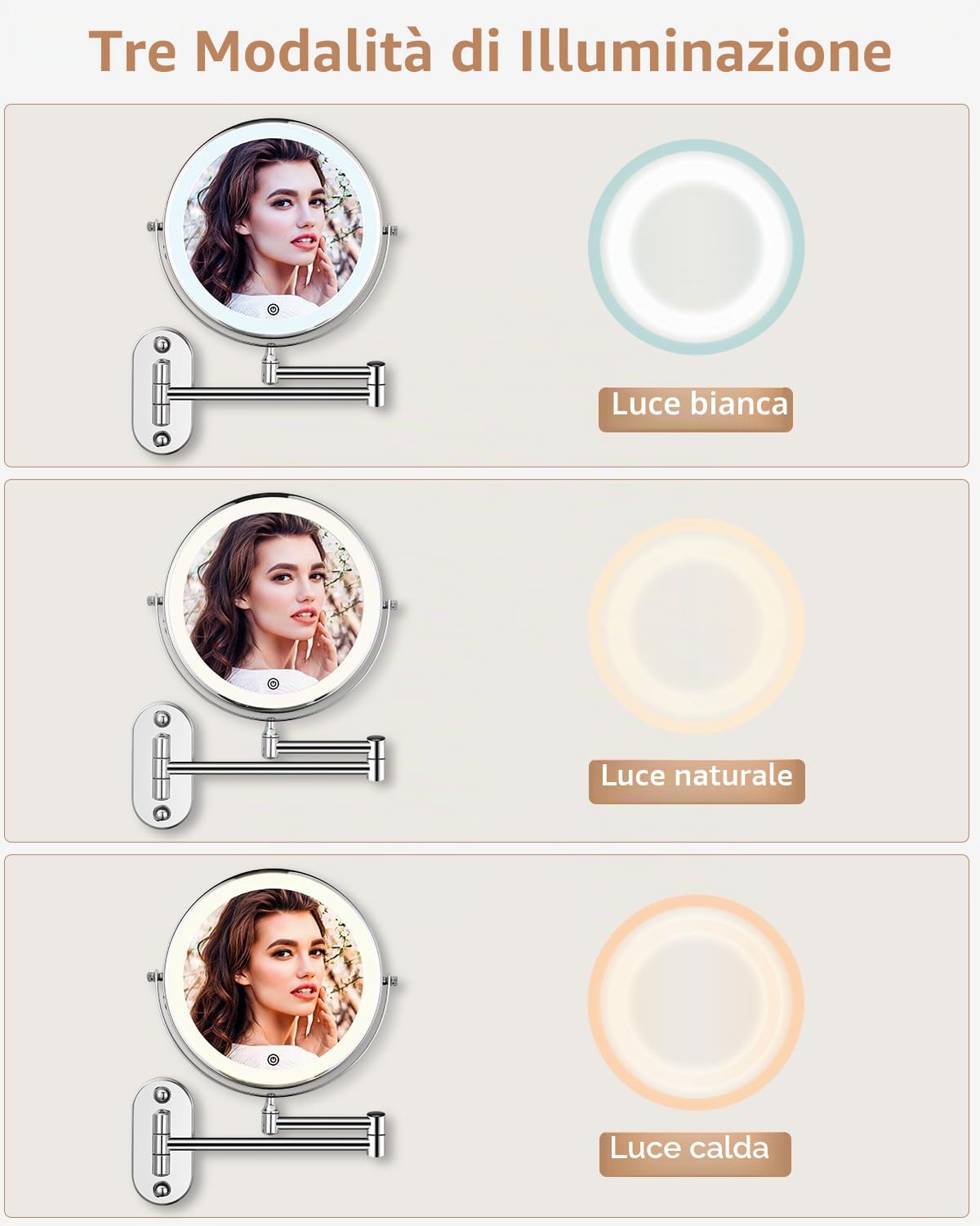 Specchio cosmetico con Ingrandimento, a LED da barba da parete girevole a 360° per bagno con illuminazione 1X / 10X