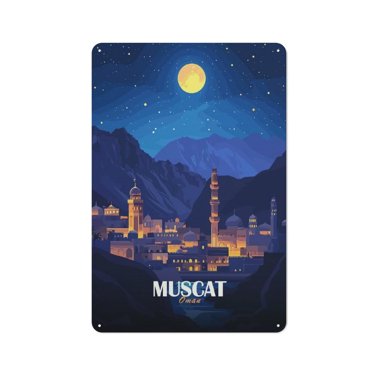 Junmoney Muscat, Oman Nightscape Illustration Retro Metal Sign 30X20cm For Garage Wall, For Home Interiors And Metal Sign Collectors