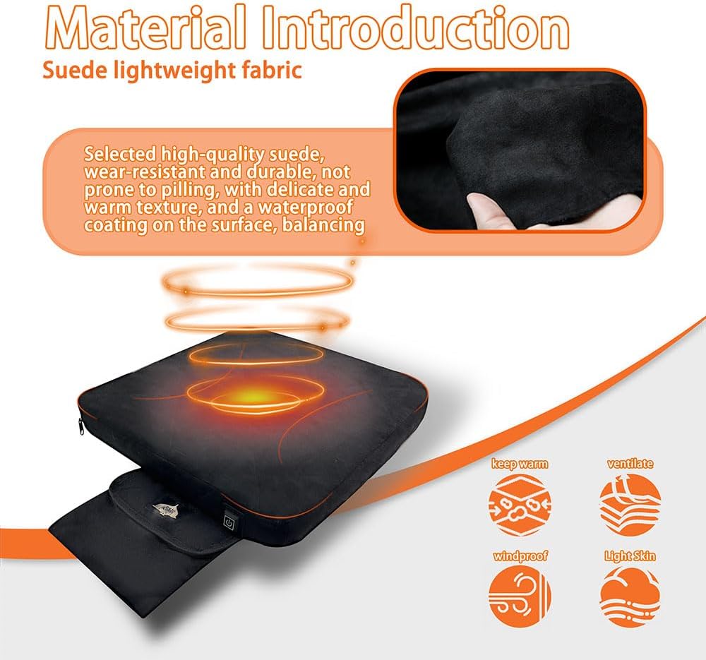 Heated Seat Cushion Foldable Memory Foam Heated Seat Pad with 3 Level Heating for Camping Fishing Office Chair Stadium Seats (Power Supply Not Included) (Artificial Suede) (Square)