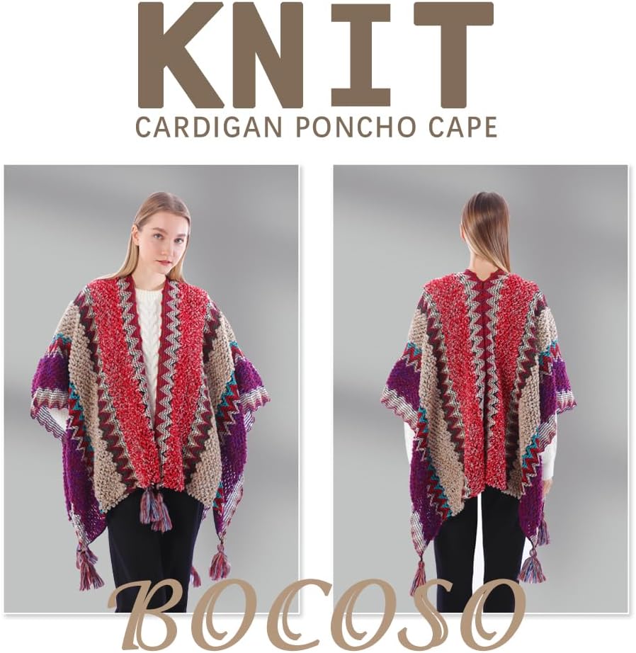 Knit Shawl Wrap Poncho Cape for Women, Ladies Knitted Cardigan Kimono with Fringe for Fall Winter - Image 3