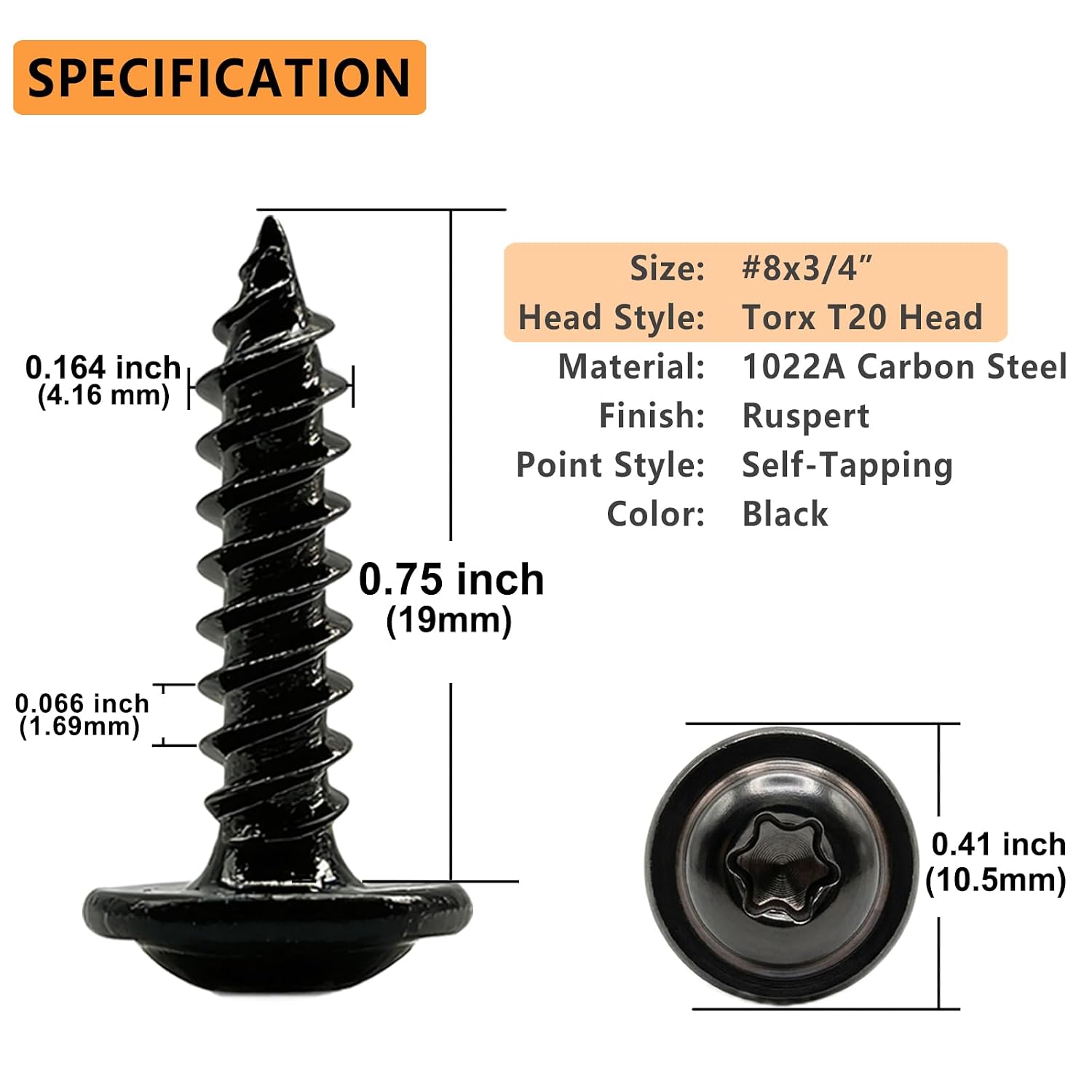 (100 pcs) #8×3/4" T20 Torx Head Wood Screws Self Tapping Truss Screws Black Ruspert Coated