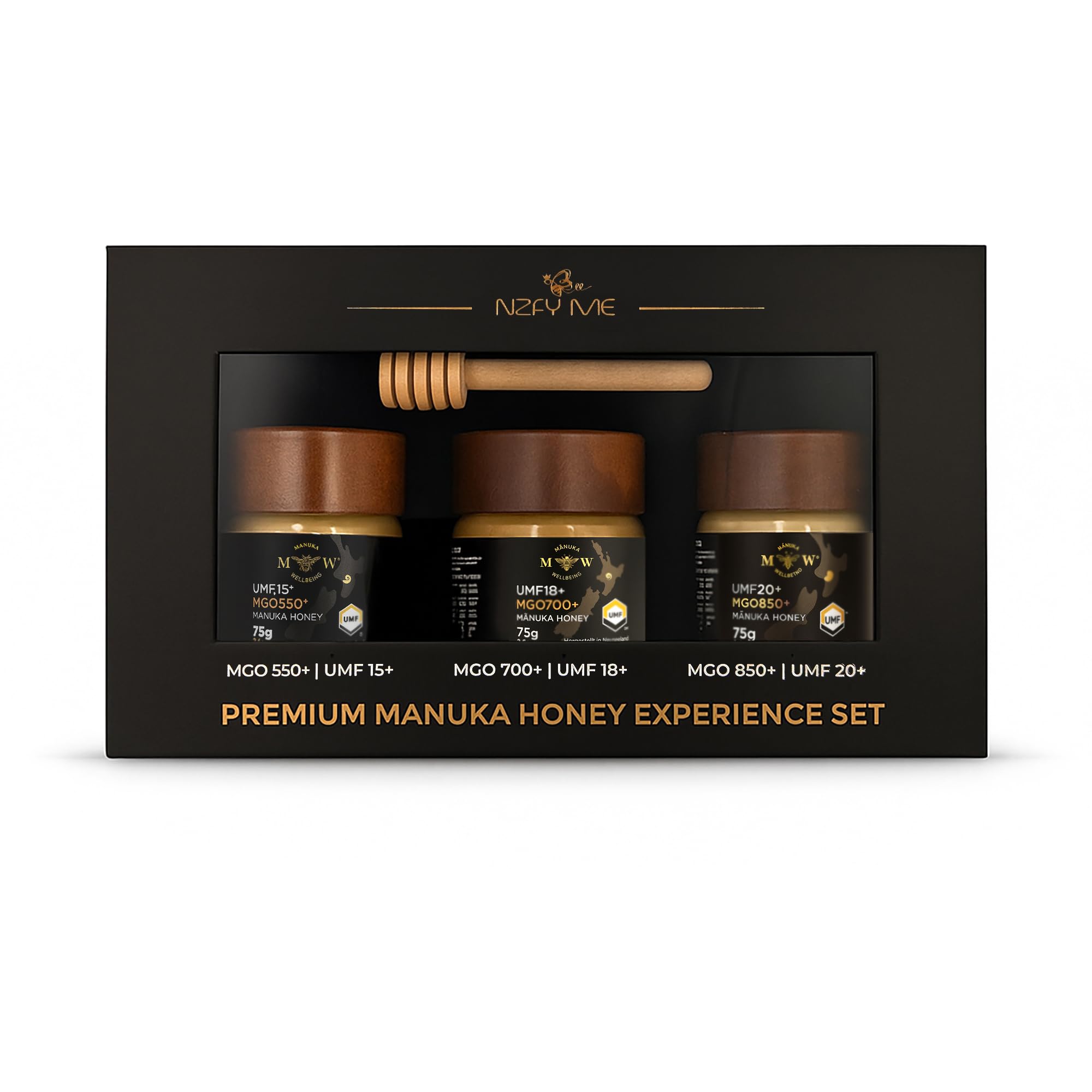 NZfyMe–Manuka Honig Experience Set–3x75g (MGO 550+/UMF 15+, MGO 700+/UMF 18+, MGO 850+/UMF 20+) | Premium Edition im Glas mit Holzlöffel & Geschenkbox| Zertifiziert & Hergestellt in Neuseeland
