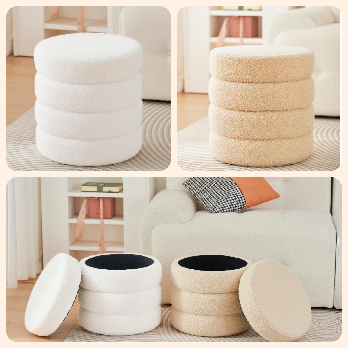 Zedelmaier Runder Teddy Hocker mit Stauraum - Sitzhocker, Schminktisch & Aufbewahrungshocker für Wohnzimmer, Schlafzimmer & Kinderzimmer (Weiß)