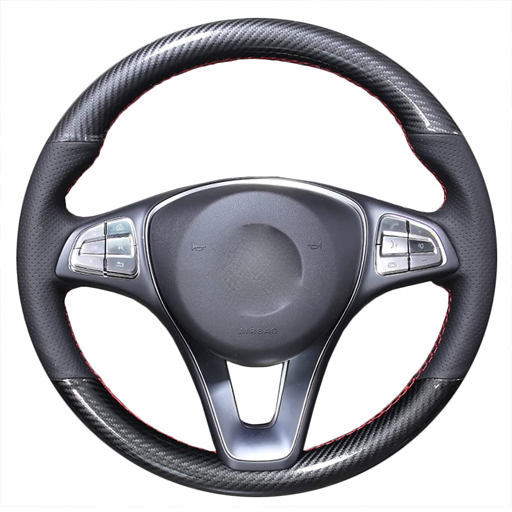 PONSNYBlack Genuine Leather Car Steering Wheel Cover Suitable for Mercedes-Benz A180 B200 C260 E300 CLS260 GLE300 GLS400(Add Carbon-fiber)
