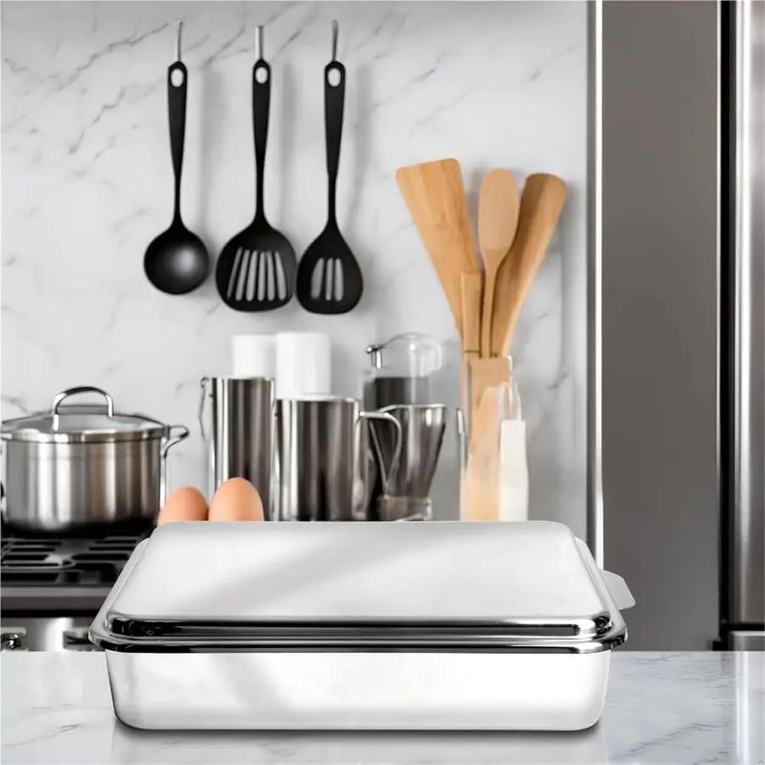 Stainless Steel 9×13 Inches Covered Cake Pan with Matching Lid Deep Baking Pan for Cakes Breads Casseroles Fish Vegetables