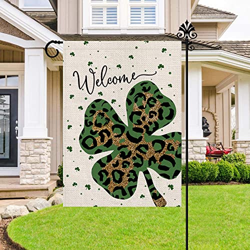 St Patricks Day Garden Flag Leopard Shamrock Welcome Vertical Double Sided Burlap Happy St. Patrick's Day Flags 12.5 X 18 Inch Spring Holiday Farmhouse Yard Outdoor Decor #TOP4