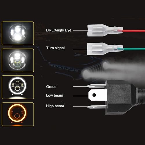 Miniatura 4 de Shkalacar Faro LED de 7 pulgadas H4 140 W ojos de ángel redondos 4 modos 14000LM 6000 K blanco3000 K ámbar coche motocicleta faros auto anillo luces