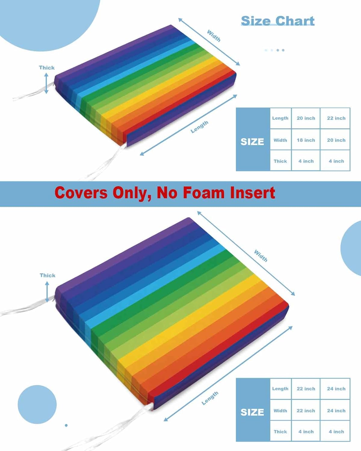 Outdoor Chair Cushion Covers 4 Pack, Rainbow Stripe Waterproof Sofa Couch Covers, Colorful Furniture Protector Seat Slipcovers for Patio Garden, 22" x 22"