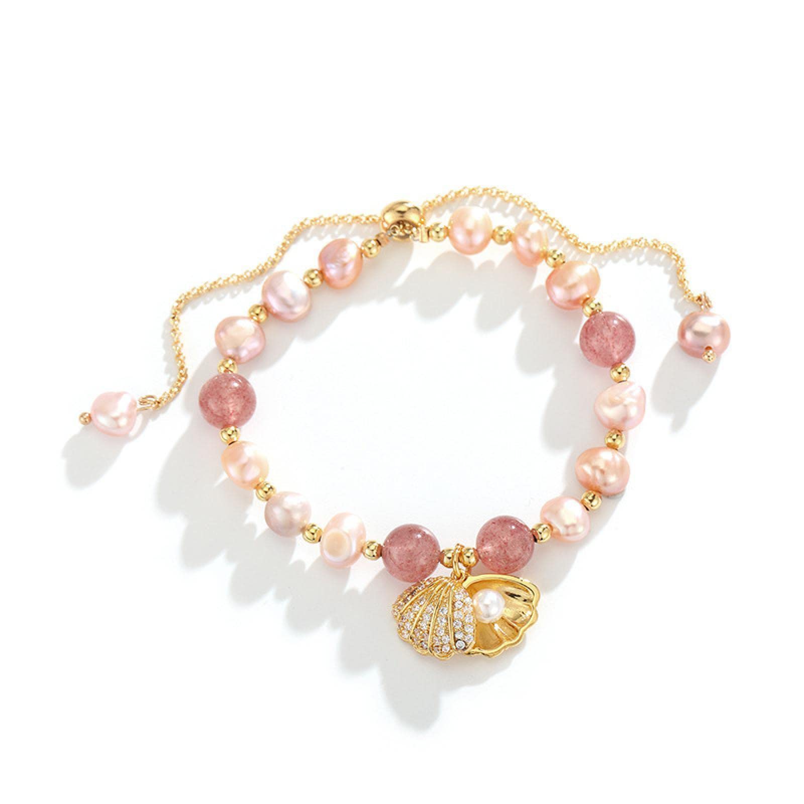 Pulseras Mujer dama pulsera niñas regalo rosa perla de agua dulce fresa cuarzo diseño de concha de encanto femenino para regalos