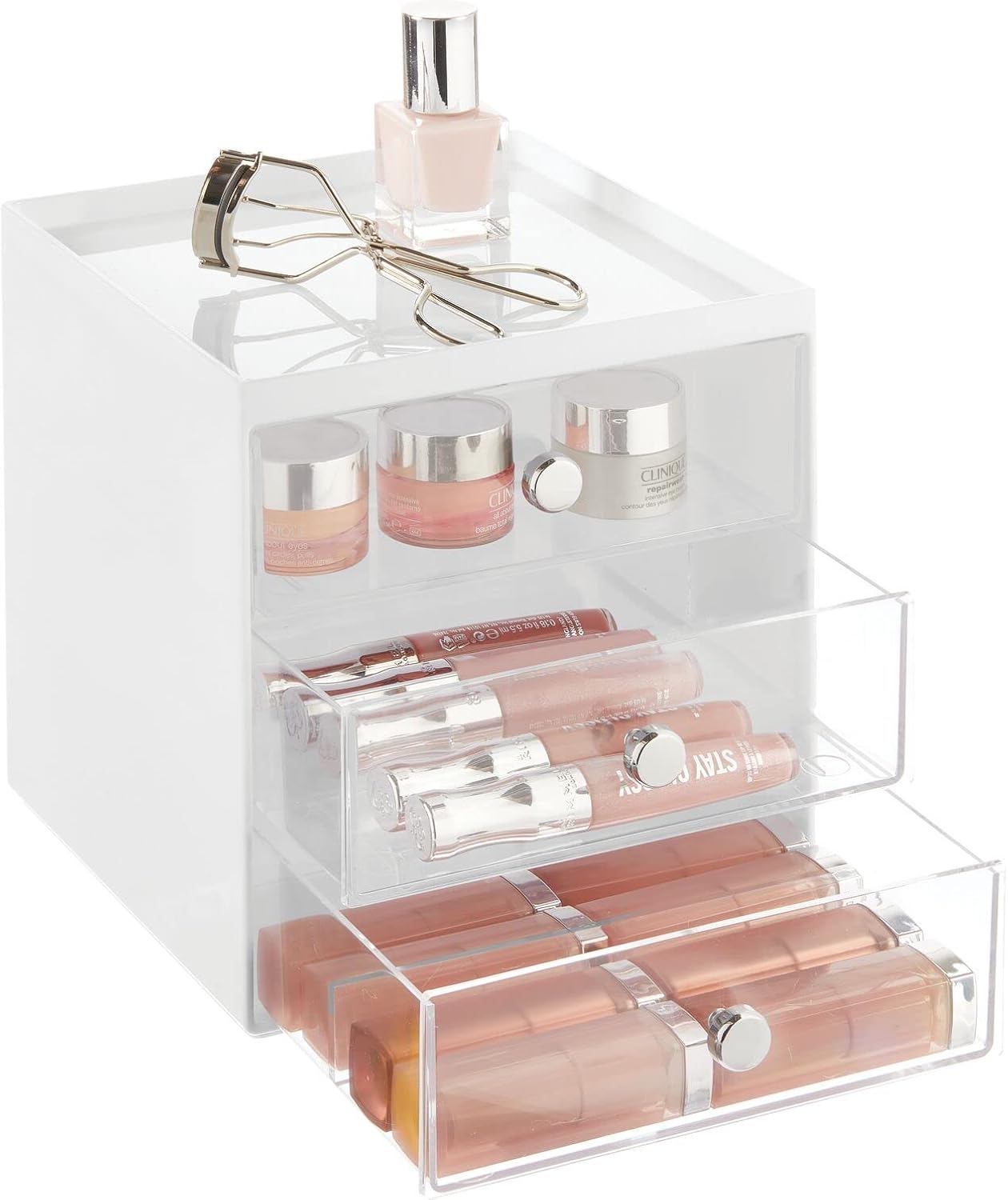 mDesign Makeup Organizer Storage Station Cube with 3 Drawers for Bathroom Vanity, Cabinet, Countertops - Holds Lip Gloss, Eyeshadow Palettes, Brushes, Blush, Mascara - White/Clear