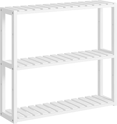 SONGMICS Bamboo Bathroom Shelf, 3-Tier Adjustable Plants Rack, Wall-Mounted or Stand, in the Living Room, Balcony, Kitchen, Cloud White UBCB13W
