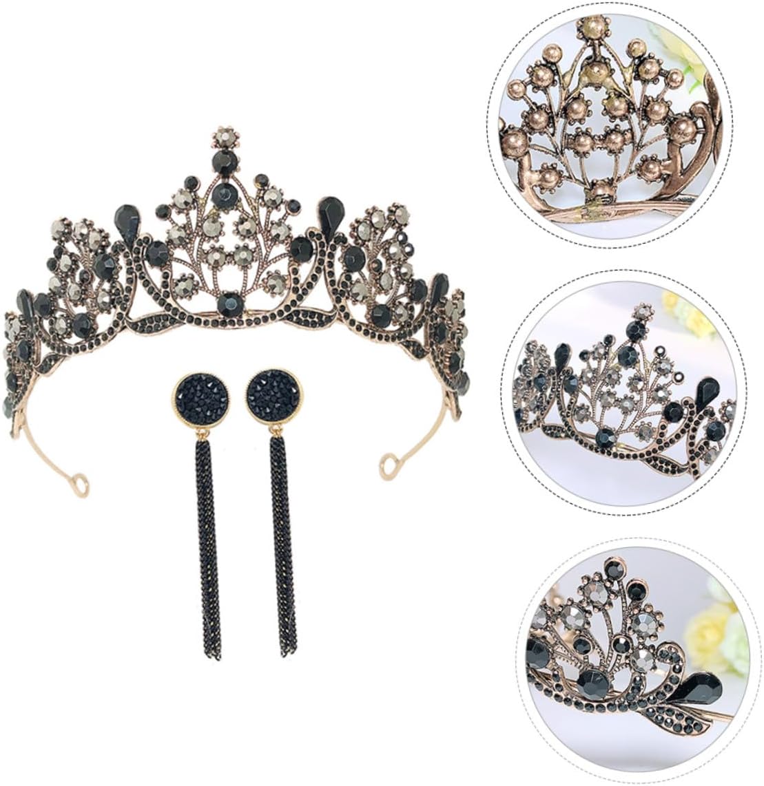 KOMBIUDA Baroque Vintage Black Tiara Crown Set with Earrings, Bridal Headwear for Women, 3pcs Queen Birthday Hair Accessory for Weddings and Special Occasions