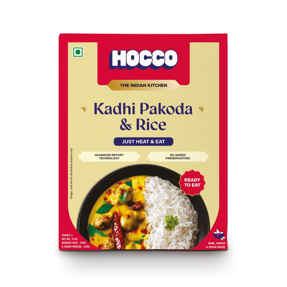 HOCCO Ready To Eat Combo Kadhi Pakoda & Jeera Rice | Instant Rice Combos | Just Heat & Eat | No Added Preservatives & Colour | Meal Ready In 5 Minutes | Microwaveable Serves (375g)