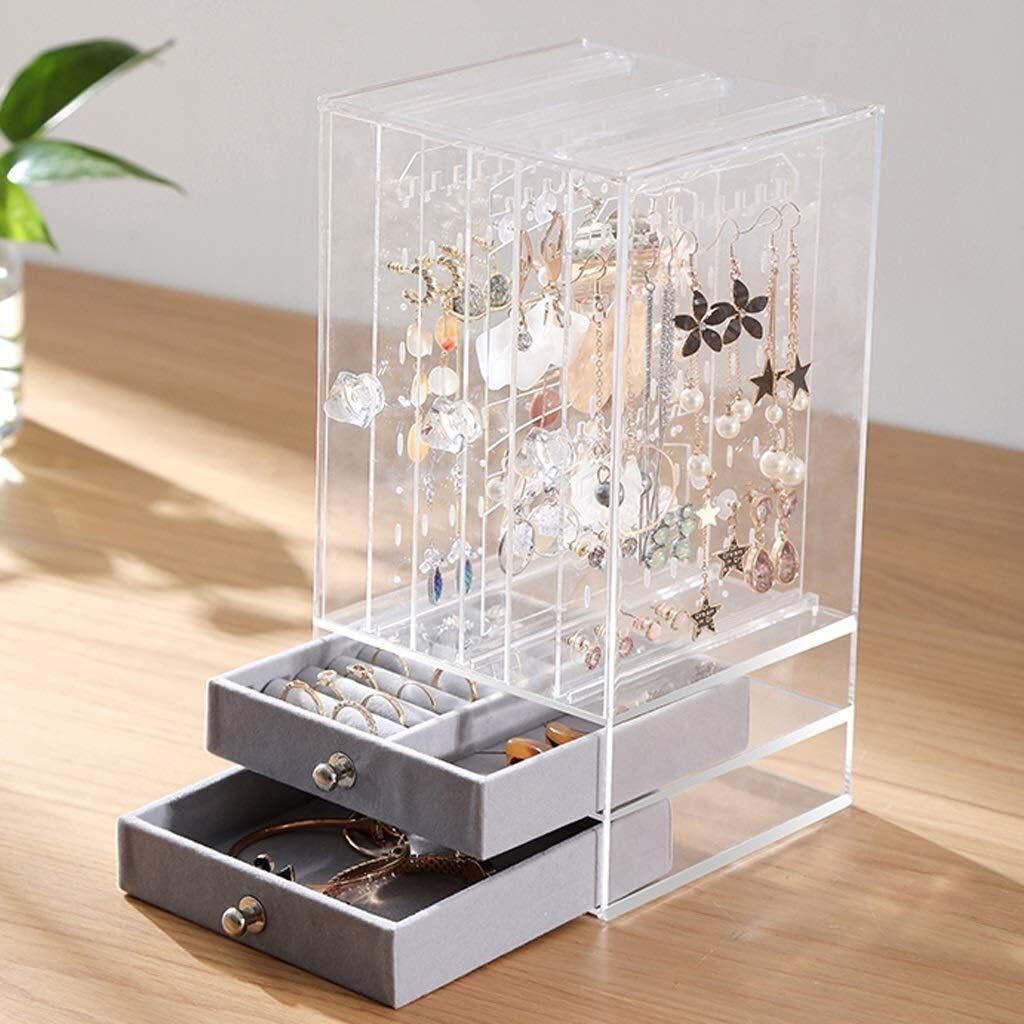 Organizador de Joyas de acrílico con 2 cajones y 3 colgadores para Pendientes, Transparente para Anillos, Collares y Pulseras.