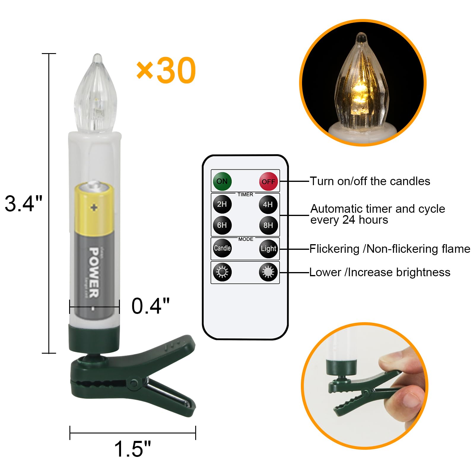 Candele a forma di albero di Natale, senza fiamma, funzionamento a batteria, con telecomando a 10 tasti e timer, confezione da 30 candele in plastica 3D con stoppino tremolante a LED,