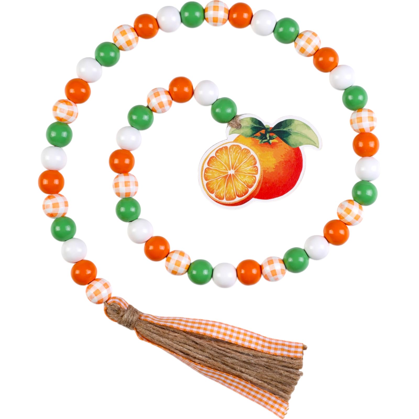 Cheerupp Little Cutie Wood Bead Garland with Tassels, Orange Decorative String Beads Home Decor, Rustic Farmhouse Beaded Garland with Jute Rope Tassel and Wooden Tag for Tiered Tray Window Wall Decor