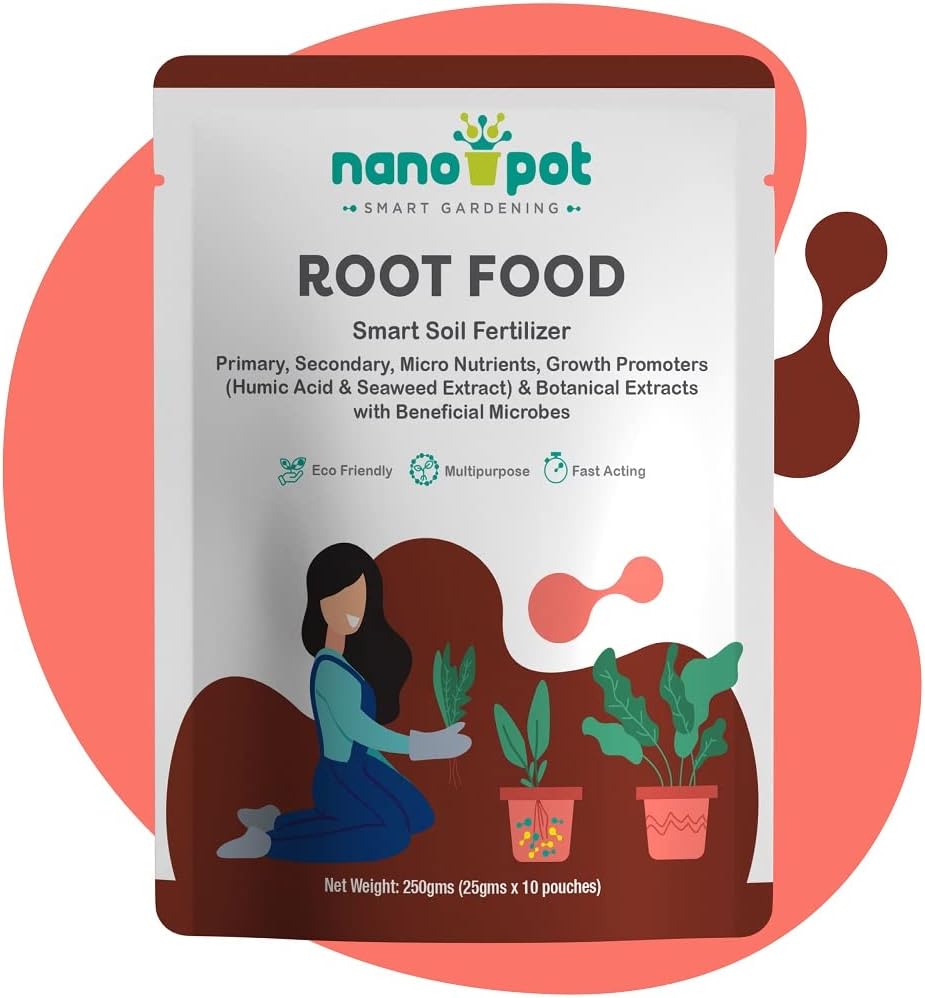 Nanopot Root Food: Smart Soil Fertilizer | Primary, Secondary, Micro nutrients, Growth Promoters (Humic Acid & Seaweed Extract) & Botanical Extracts with Beneficial Microbes | For All Indoor and Outdoor Plants - 250gm (10 pouches x 25gm)