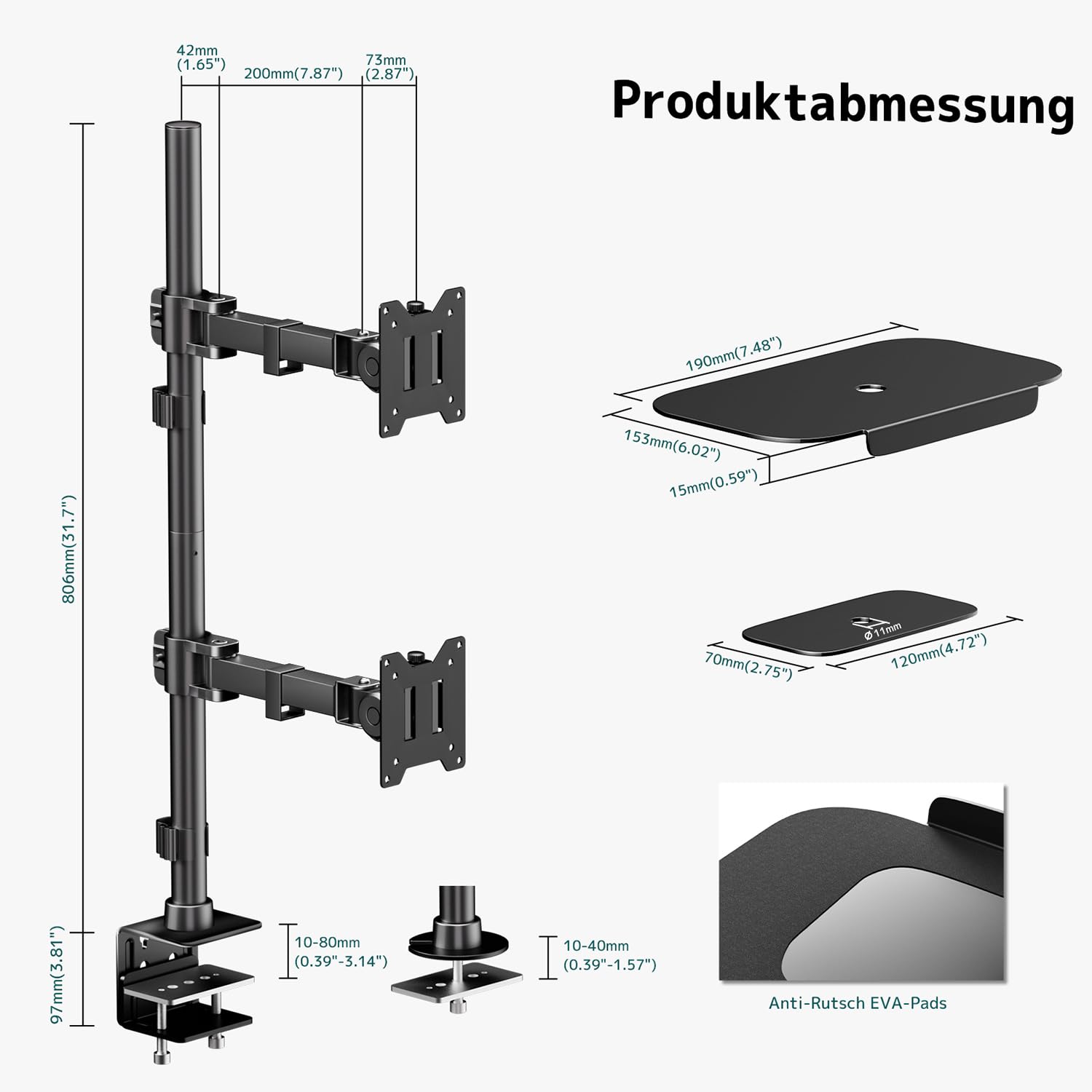 Dual Monitor Halterung 17-49" Flach & Curved 20kg/Arm, Höhenverstellbar | Vollständig verstellbare Tischhalterung, Schnellwechsel-VESA, Integriertes Kabelmanagement & Platzsparendes Stap