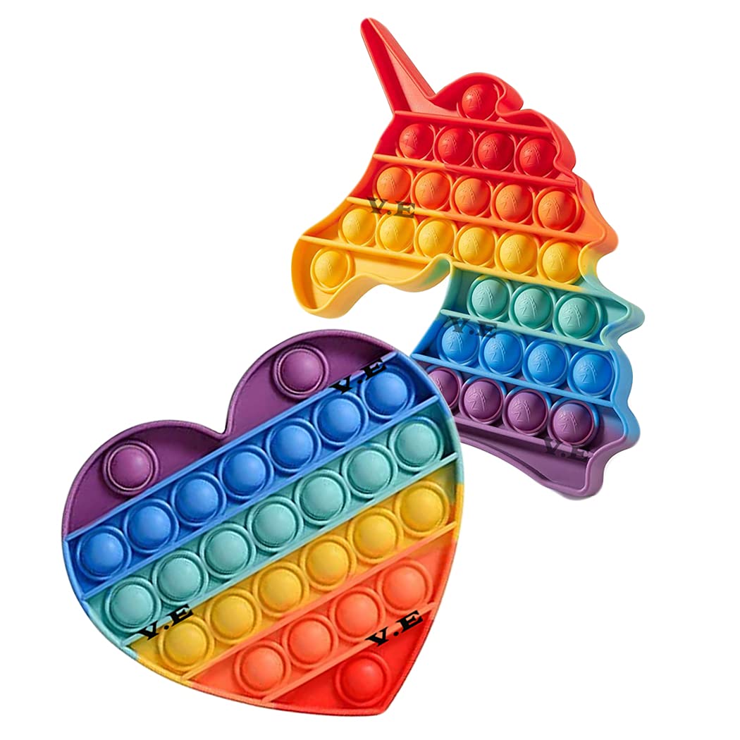 V.E 2 Pcs New Rainbow Push Pop it Bubble Fidget Toy, Pop It Stress Relief and Anti-Anxiety Tools Sensory, Silicon Satisfying Relaxing Toys & Great Gift for Kids Girls Boys Teens and Adults.(Heart+Uni)