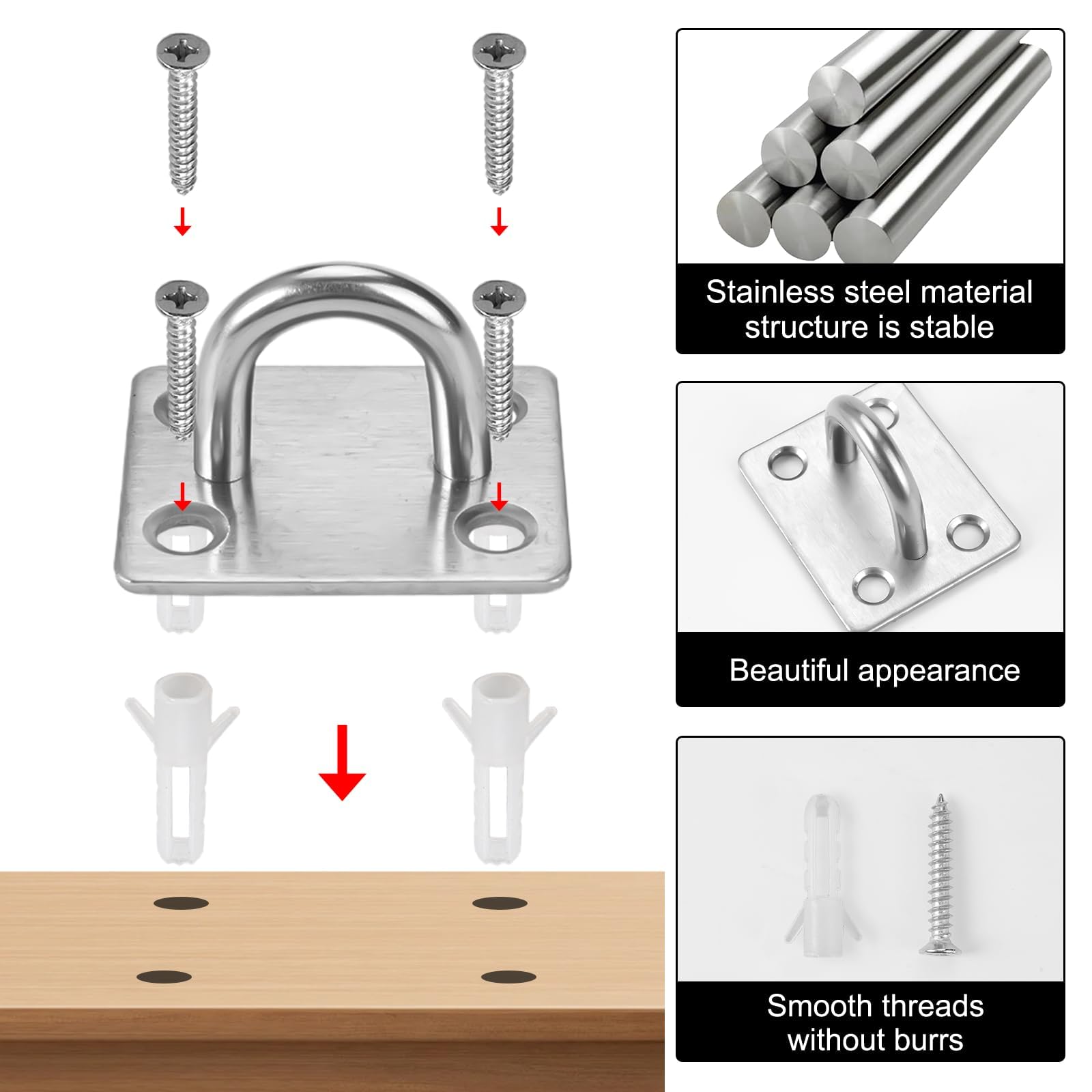 KineticKraft 4 Pieces M6 Stainless Steel Oblong Pad Eye Plate, Heavy Duty Pad Eye Plate, Loop Suspension Ceiling Hooks - Image 4