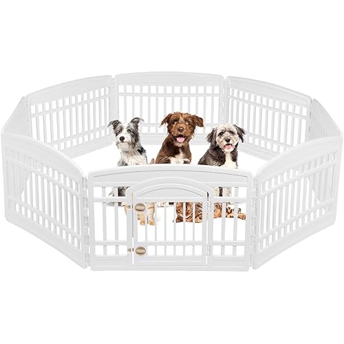 IRIS USA 24" Exercise 8-Panel Pet Playpen with Door, Dog Playpen, Puppy Playpen, for Small and Medium Dogs, Keep Pets Secure, Easy Assemble, Fold It Down, Easy Storing, Customizable, White