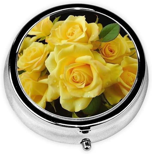 Yellow Rose Print Round Pill Box 3 Compartment Medicine Pill Case Portable Pill Container for Daily Medicine Supplement Vitamin