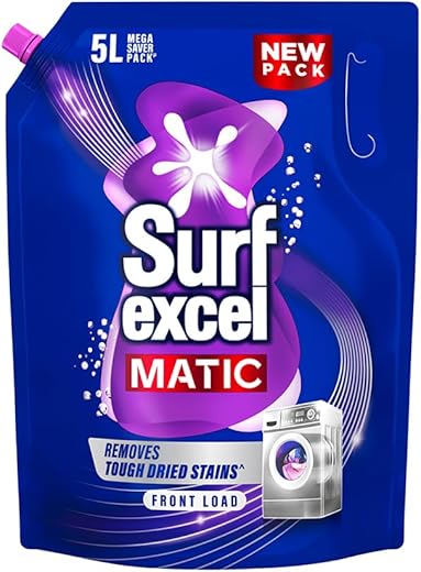 Surf Excel Matic Front Load Liquid Detergent 5L Refill Pouch, Specially designed to remove Tough Dried Stains, 1st time in Washing Machine
