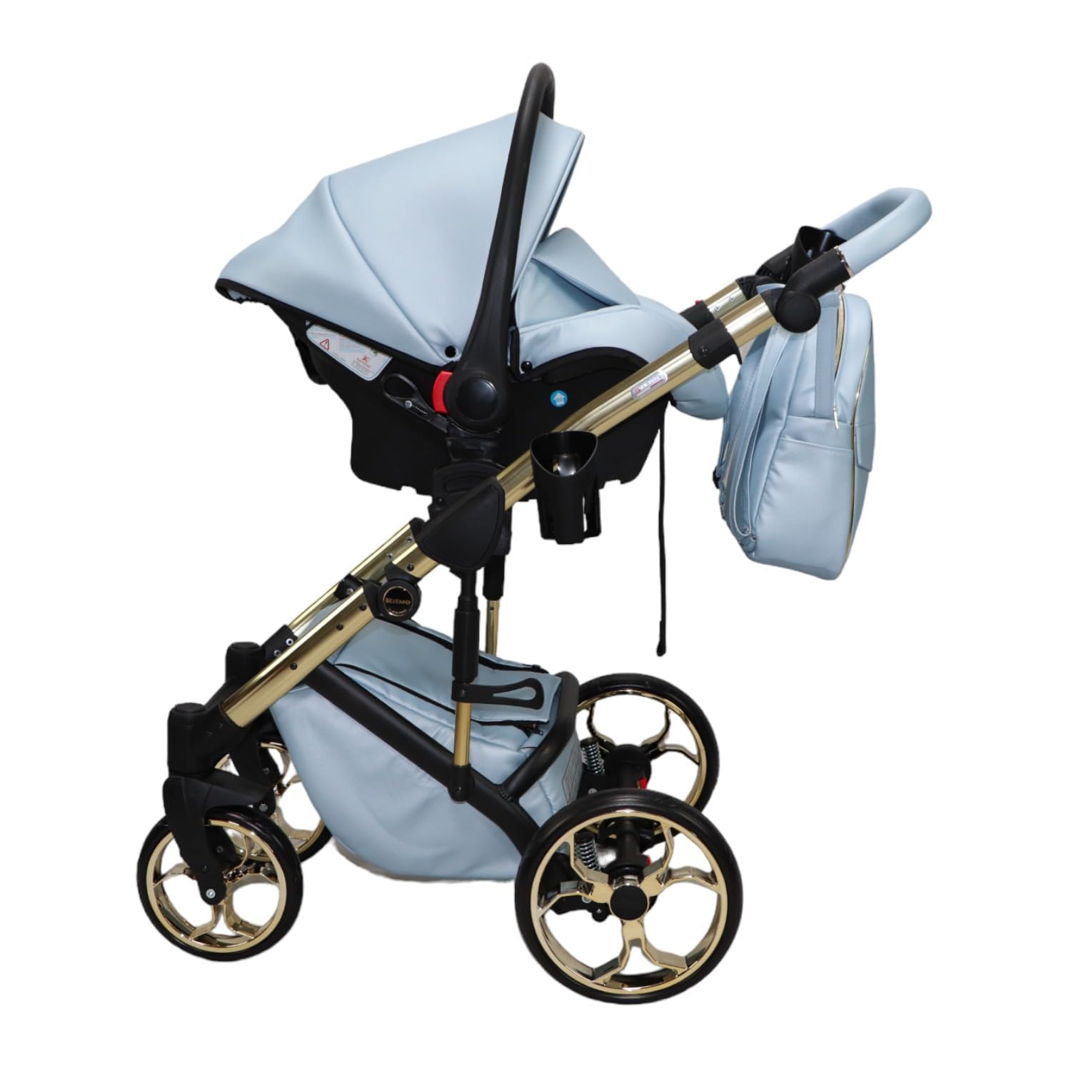 Passeggino Ritmo Trio BBtwin ecopelle con accenti dorati o argentati. Carrello 3 pezzi 3in1 eco-pelle completo di accessori. Blu