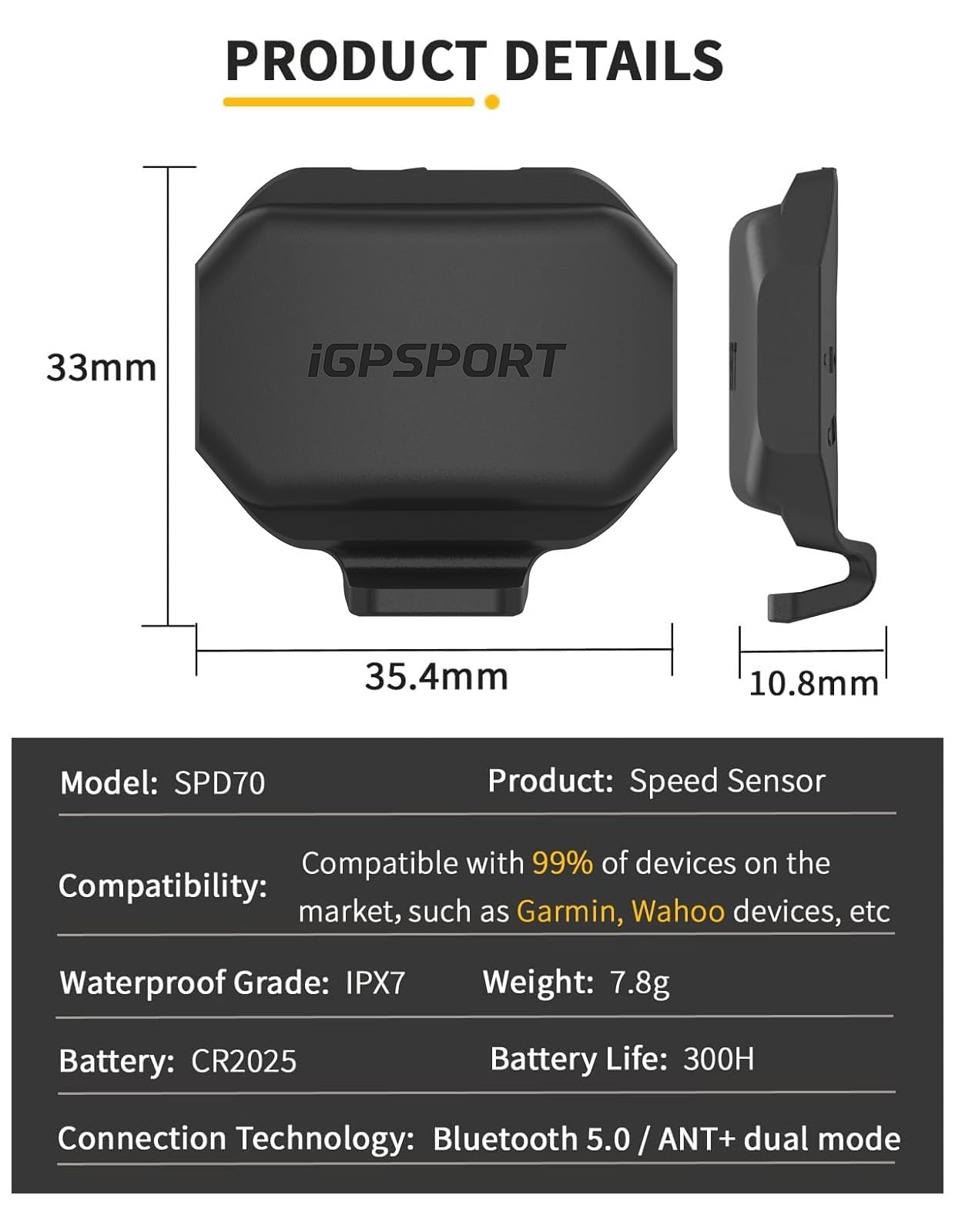 iGPSPORT SPD70 Velocímetro para Bicicleta / CAD70 Sensor de Cadencia para Bicicleta, 300 Horas de Autonomía, Bluetooth 5.0 Ant+, Impermeable IPX7,CAD70 y SPD70