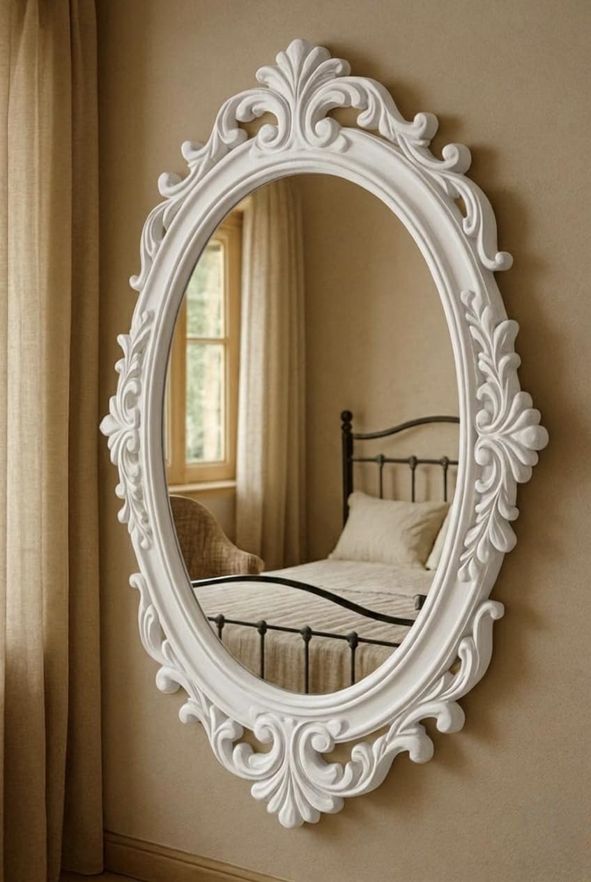 Wooden Carved Wall Mirror Frame for Home Living Room Bedroom Decor, White Finish Color Frame, Jharokha Design, 36x24 Inch, Without Mirror (White)-picture-23
