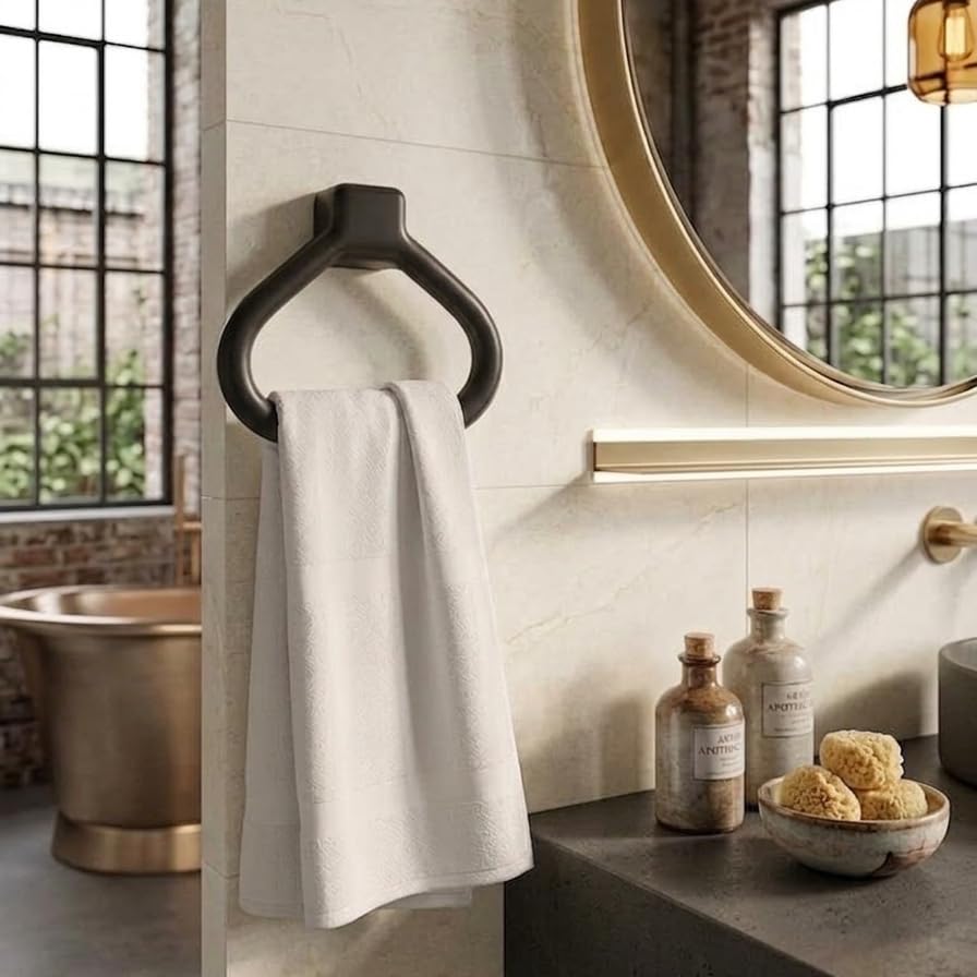 Image of CIPLA PLAST Modern Wall Mounted Towel Ring Holder | Self-Adhesive Towel Ring for Bathroom | Premium Plastic Bathroom Hand Towel Hanger, Durable & Rust-Free, Easy Installation, (Black)