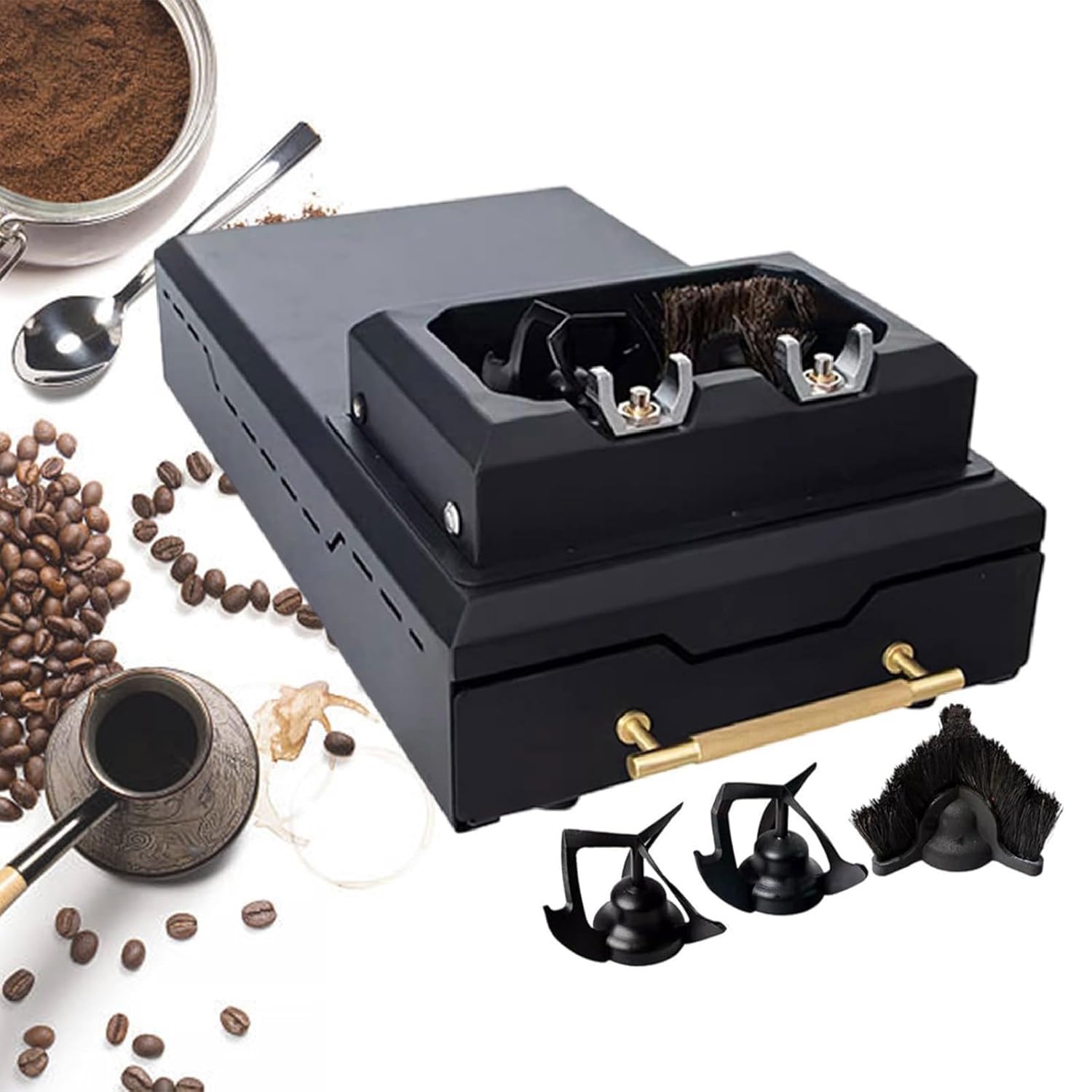 Nettoyeur de Porte-Filtre à café électrique, Nettoyeur de Marc de café, 150 W, Compact, avec 2 racleurs et 1 Brosse.