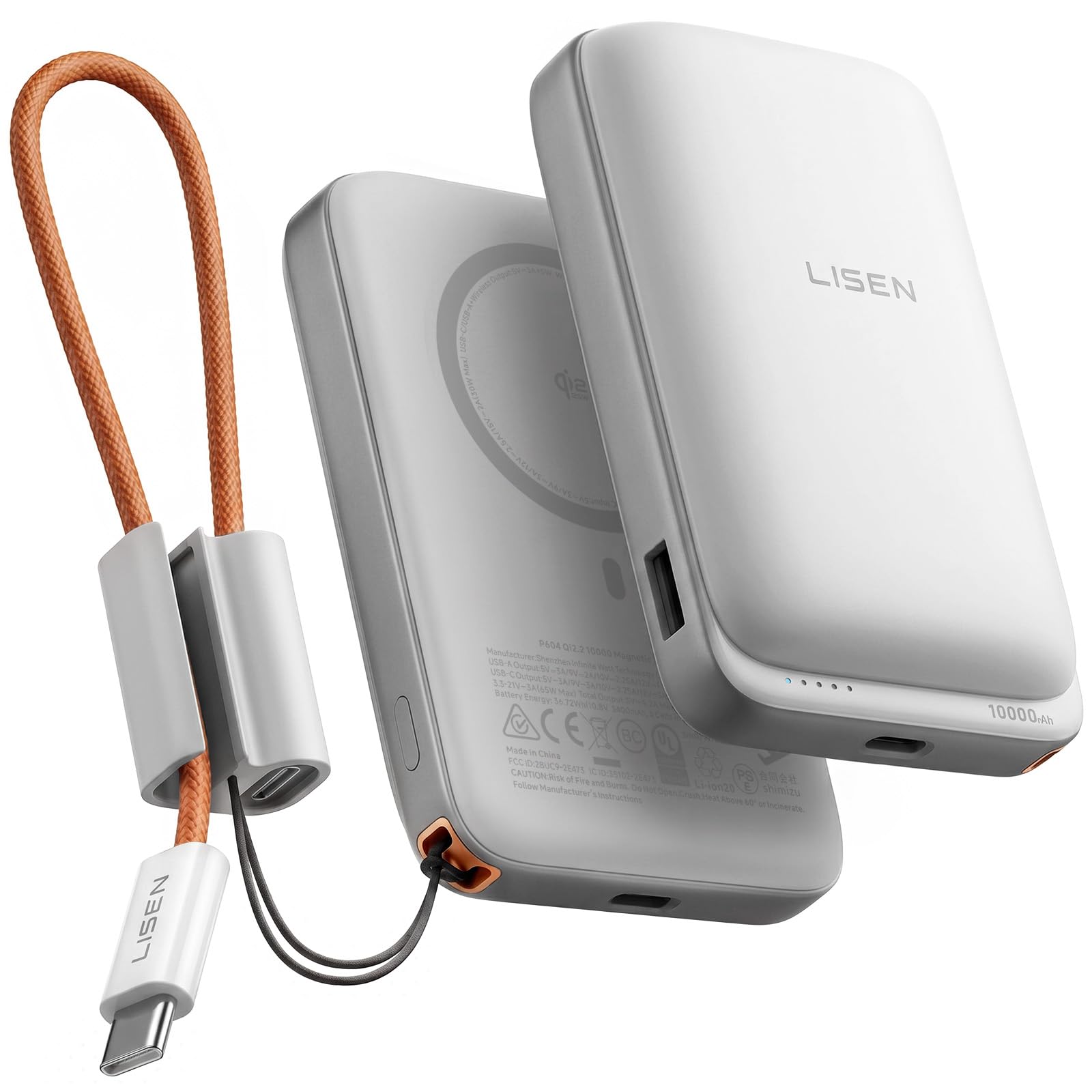 LISEN (B King) LISEN Qi2.2 25W for Magsafe Power Bank, 65W USB C Fast Charging, 10000mAh Magnetic Wireless Portable Charger with Detachable Cable, Small Battery Pack Compatible with iPhone 15/16/17 (White)