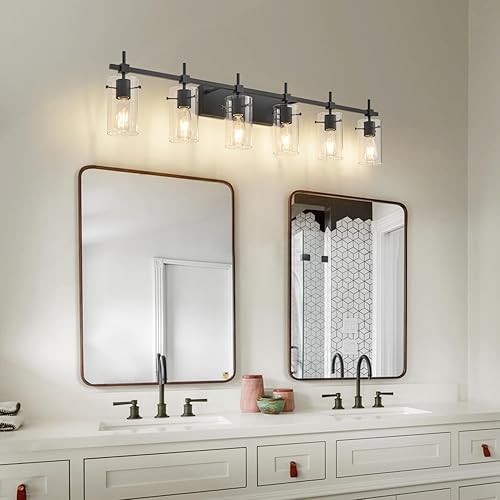 Miniatura 7 de SOLFART Lámparas de tocador negras de 49.2 pulgadas, 6 luces de pared sobre el espejo para baño con pantalla de vidrio (no incluye bombilla)