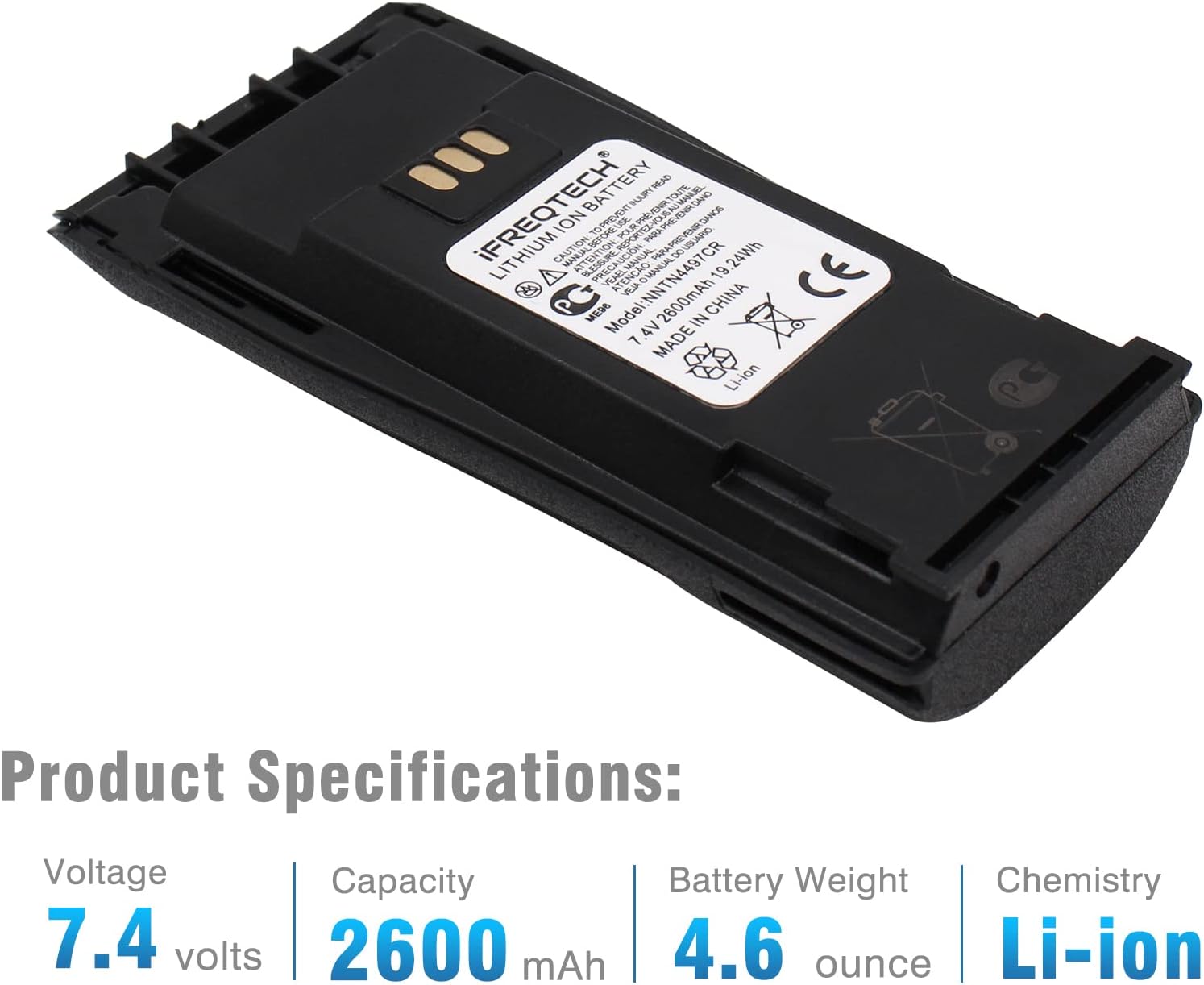 2600mAh NNTN4497CR Battery Compatible for Motorola CP200D CP200 CP380 EP450 DEP450 CP250 CP140 CP040 CP180 GP3688 PR400 Radio Battery NNTN4496 NNTN4497 with Belt Clip