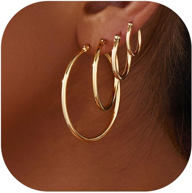 Gold Hoop Earrings Set for Women,14k Gold Plated Gold Hoops with Sterling Silver Post Hypoallergenic Thin Hoop Gold Earrings for Girls Trendy Jewelry Gifts