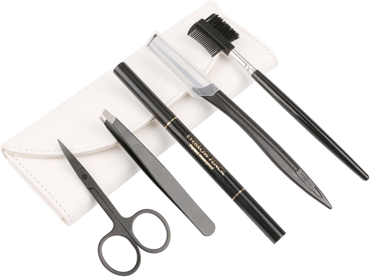 Sdootbeauty Eyebrow Grooming Set, 5 Pcs Eyebrow Kit, Stainless Steel Eyebrow Tweezer and Scissor, Eye Brow Trimmer Razor, Eyebrow Pencil, Brow Comb Brush with White Case : Beauty & Personal Care