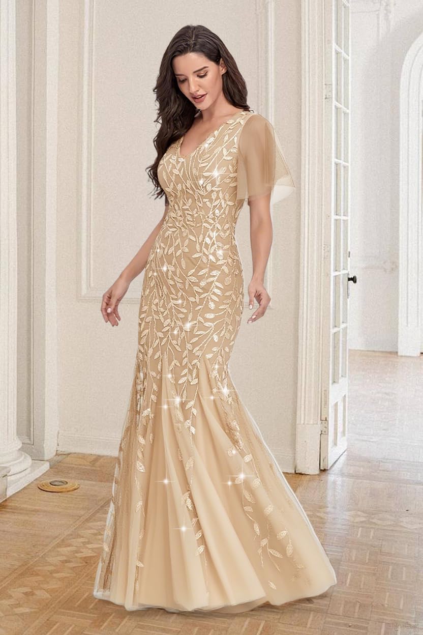 Women's Formal Evening Gowns Long Sparkly Sequin Elegant Tulle Sleeve Mother of Bride Dress Bodycon Maxi Prom Dresses